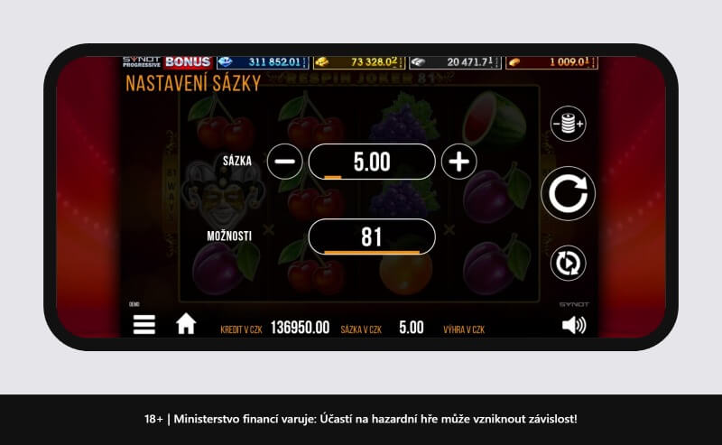 Respin Joker 81 – nastavení sázky