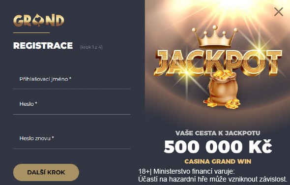 Grandwin casino CZ - založení herního konta