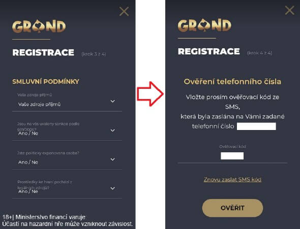 Dokončení registrace v online casinu Grandwin.cz