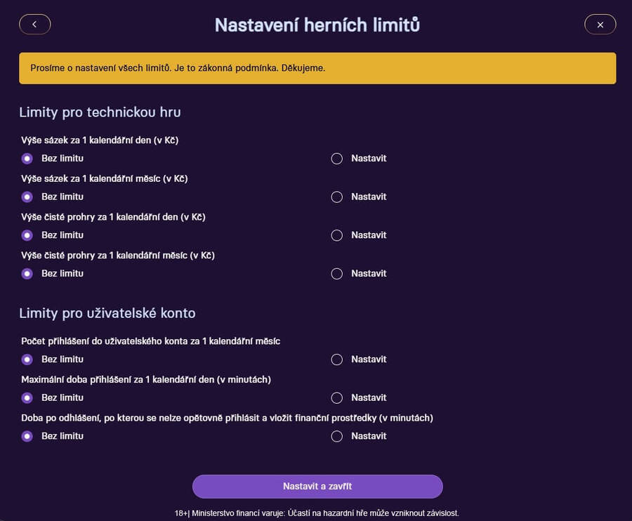 Grandwin – nastavení limitů