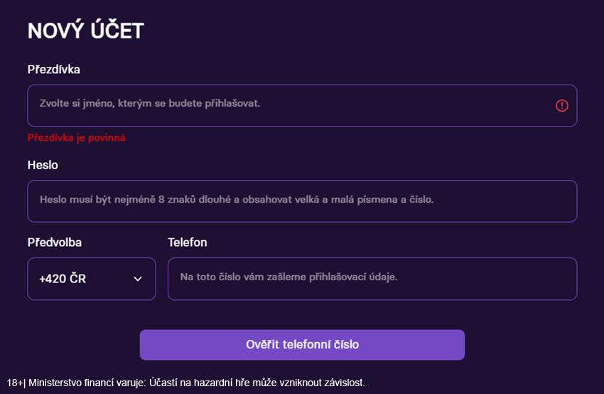 Vyplnění registračního formuláře v&nbsp;Grandwin casinu