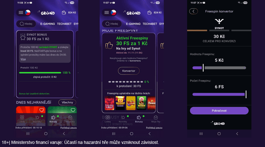 Sekce s&nbsp;Grandwin FREE SPINY v&nbsp;mobilní aplikaci