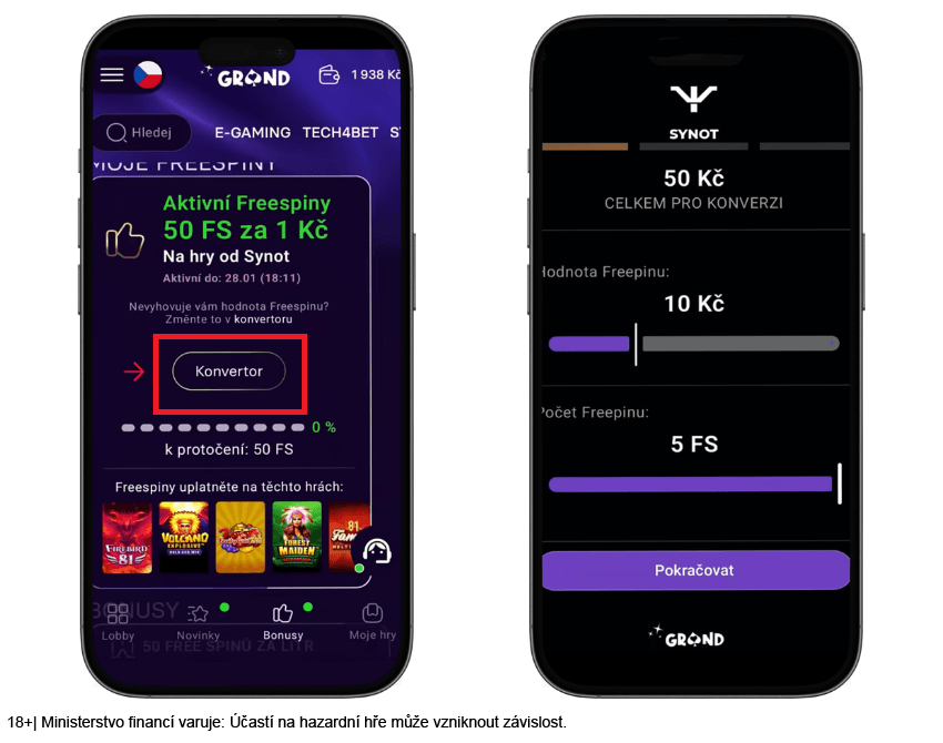 Sekce s&nbsp;Grandwin FREE SPINY v&nbsp;mobilní aplikaci