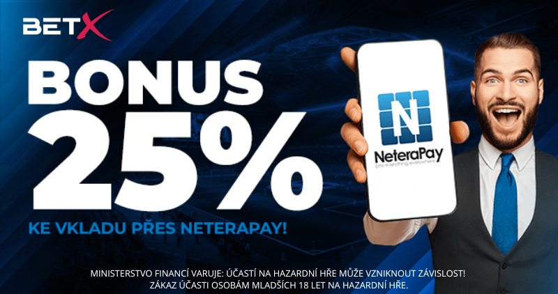 Bonus 25&nbsp;% ke vkladu přes NeteraPay v&nbsp;online casinu BetX