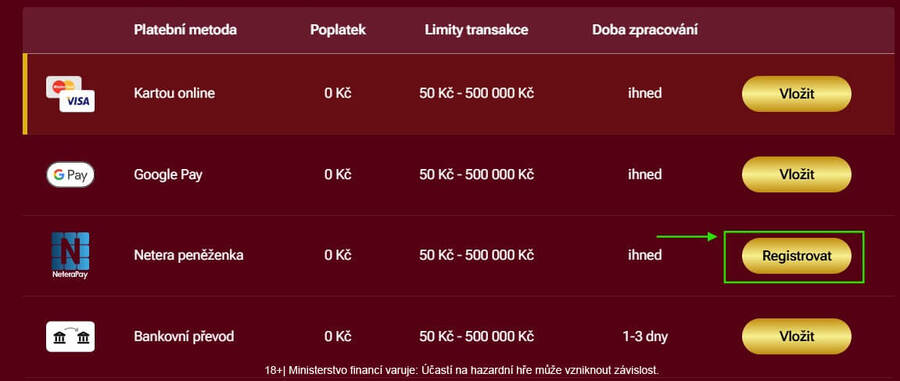NeteraPay vklad casino