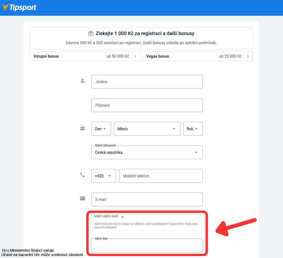 Kam zadat Tipsport akční kód v&nbsp;registračním formuláři