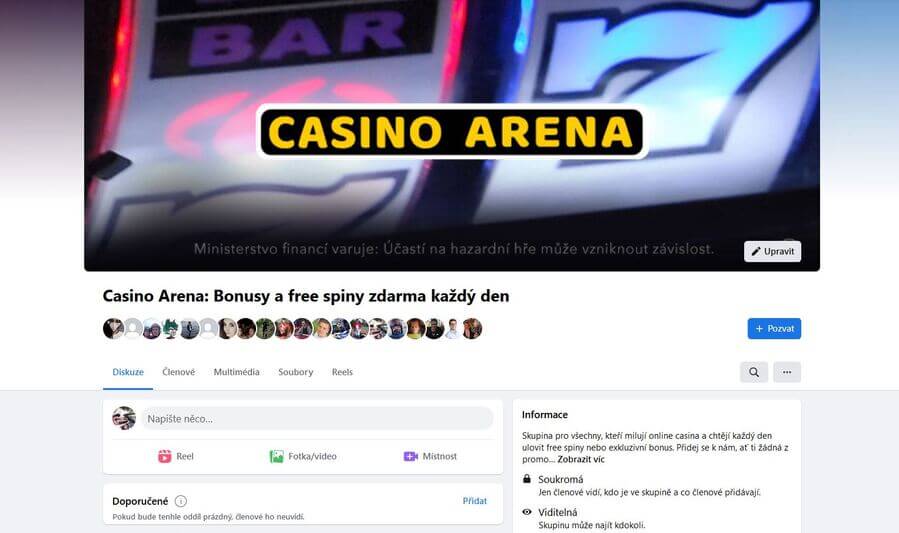 Náhled Facebookové skupiny Casino Arena: Bonusy a free spiny zdarma každý den
