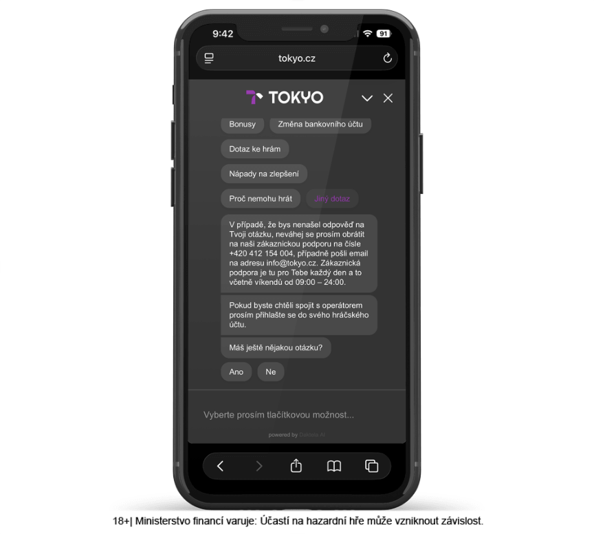 Přepojení z&nbsp;AI chatu na operátora v&nbsp;casinu Tokyo