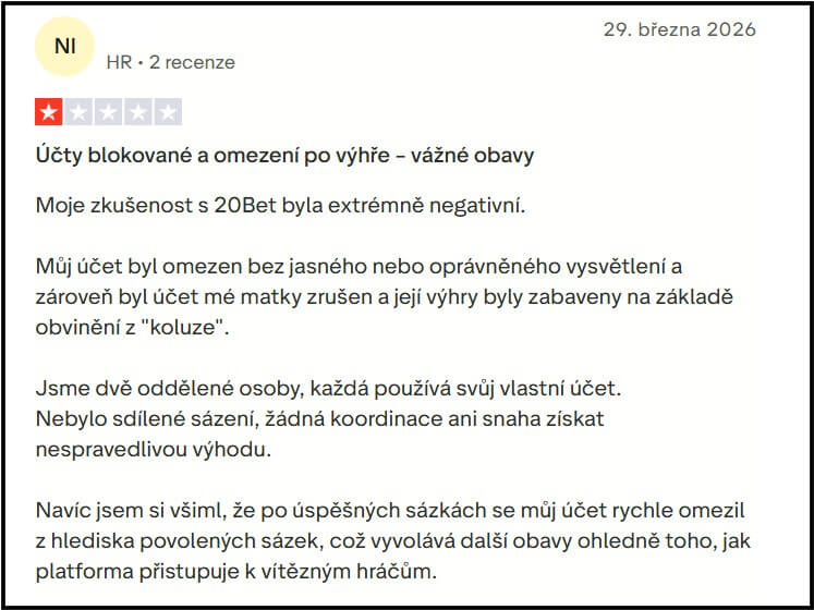 20Bet recenze zahraničních hráčů