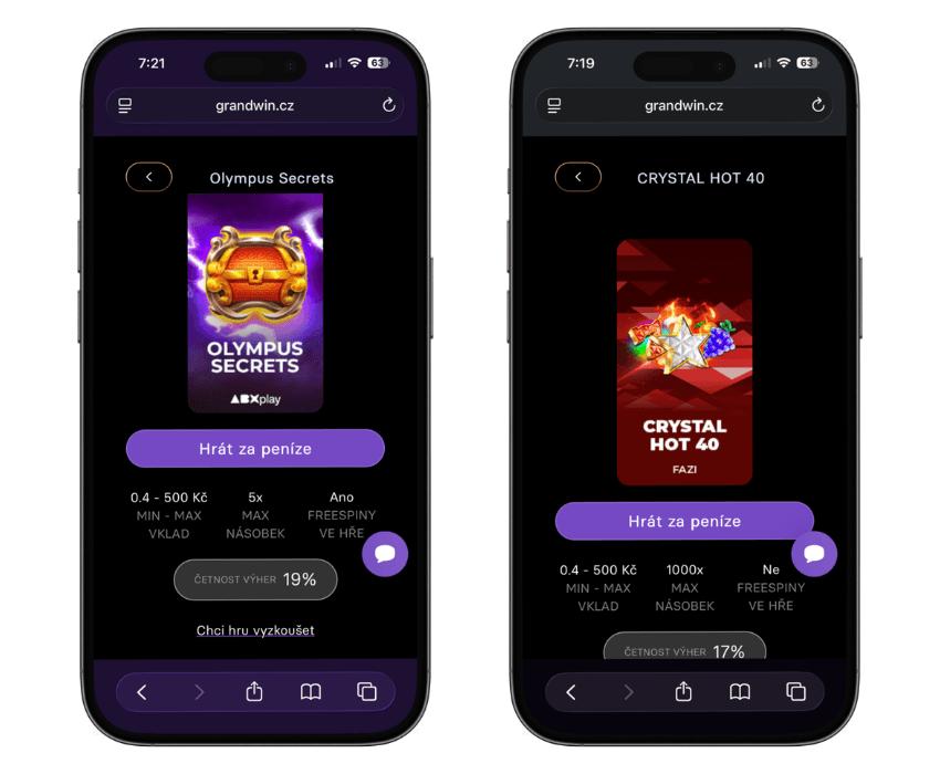 Grandwin hry za haléře Olympus Secrets a&nbsp;Crystal Hot 40