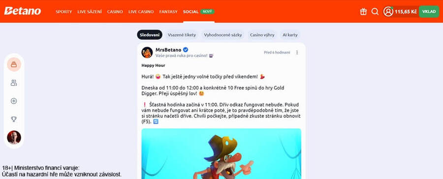 Získejte free spiny také v sociální síti Betano Social