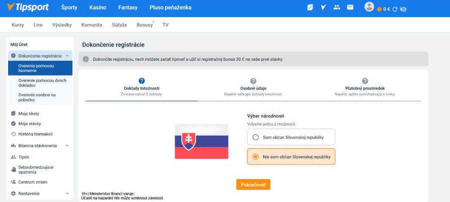 Jako Čech s&nbsp;českými doklady musíte zvolit, že nejste občanem Slovenské republiky