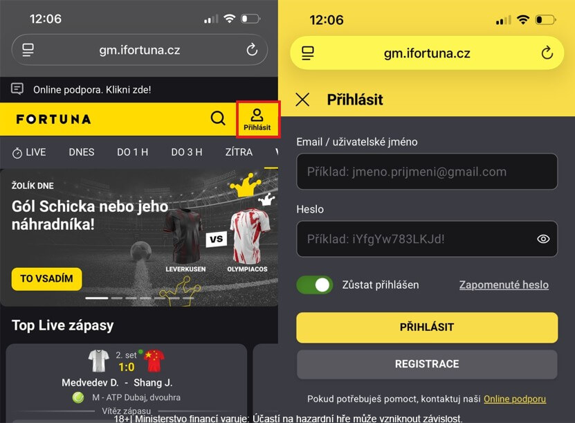 Fortuna přihlášení na mobilním prohlížeči