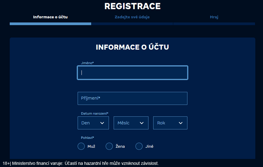 První krok registrace do online casina MerkurXtip – zadání jména a&nbsp;data narození.