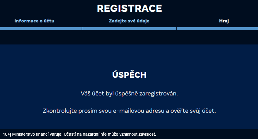 Obrazovka úspěšné registrace účtu v&nbsp;Merkur casino s&nbsp;výzvou k&nbsp;ověření e-mailu