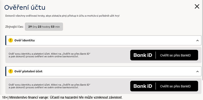 Sekce Ověření účtu MerkurXtip s&nbsp;možností ověření identity a&nbsp;platební metody přes BankID