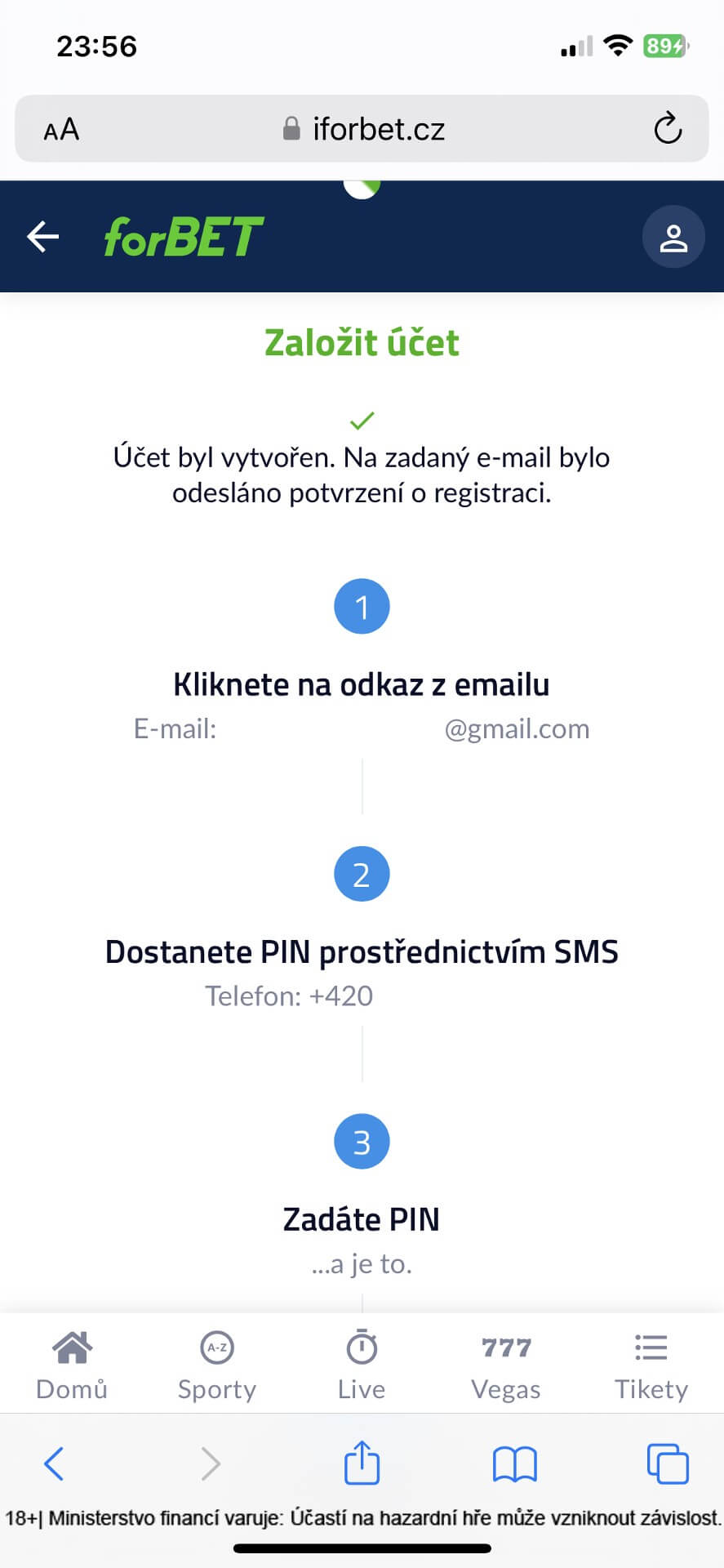 forBET registrace – ověření telefonního čísla a emailu