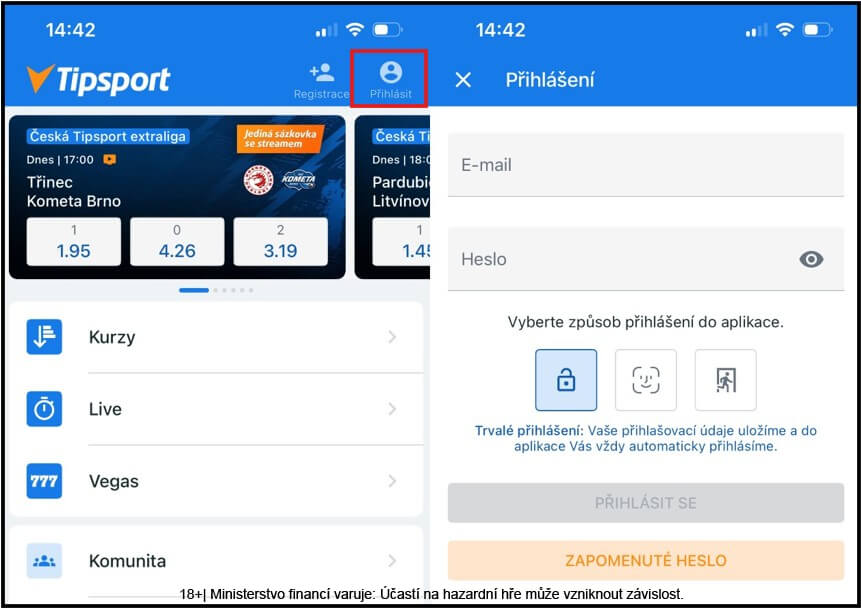 Tipsport Vegas přihlášení v&nbsp;aplikaci