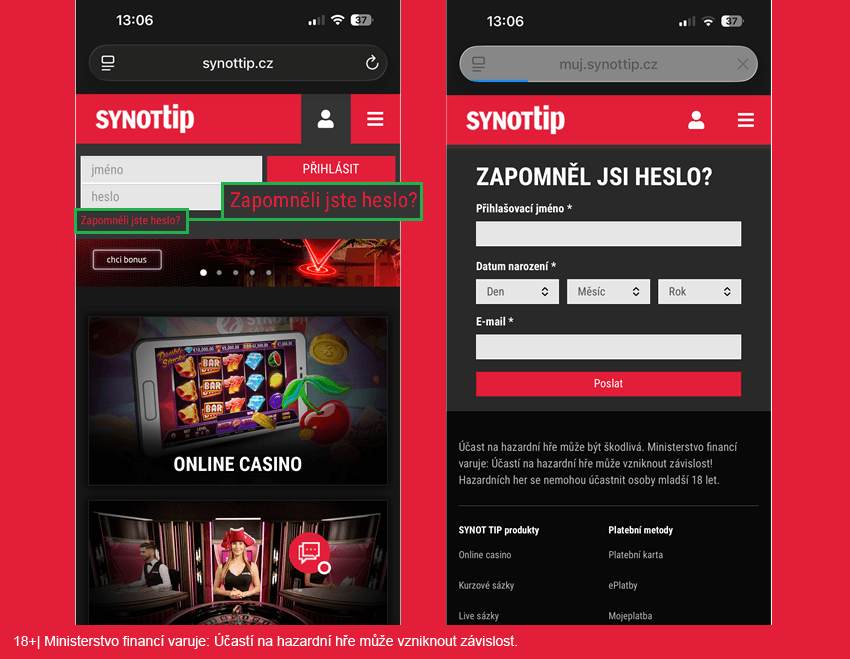 Zapomenuté heslo u&nbsp;SYNOT TIPu OIK nevyžaduje