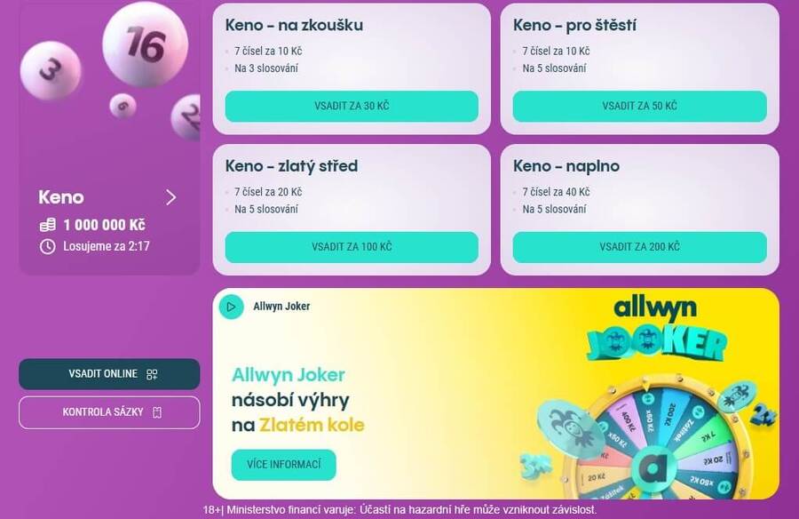 Loterii Keno si můžete vsadit u&nbsp;Allwynu online.