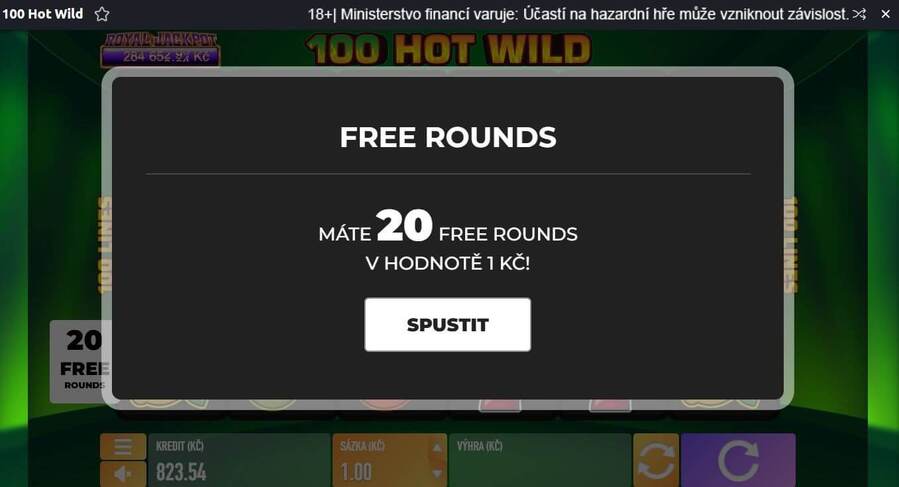 20 free spinů na automatu 100 Hot Wild