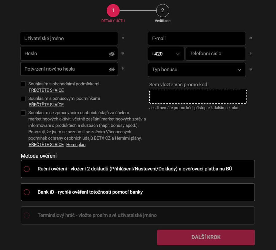 Registrační formulář BetX
