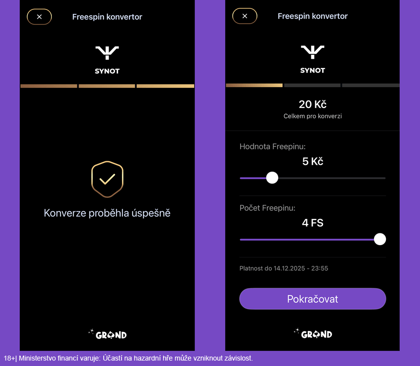 Freespin konvertor v&nbsp;online casinu Grandwin na mobilním telefonu
