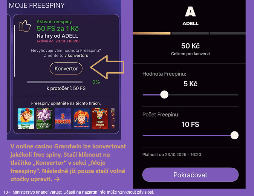 Hodnotu a&nbsp;počet free spinů u&nbsp;Grandwinu si můžete měnit pomocí tlačítka „Konvertor“.