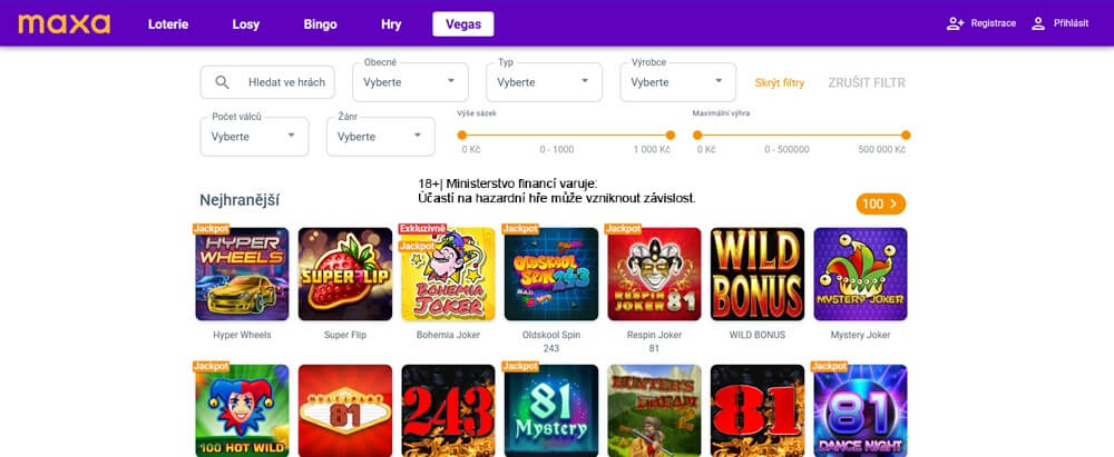 Automaty v Maxa casinu lze velmi detailně filtrovat