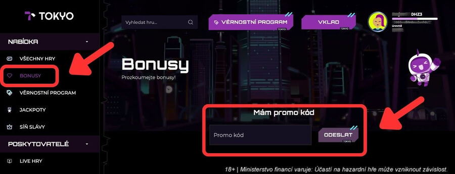 Pole pro zadání promo kódu v&nbsp;online casinu Tokyo