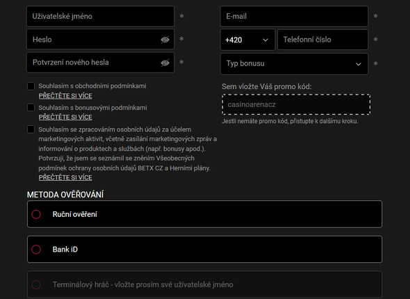 Bet-X registrační online formulář