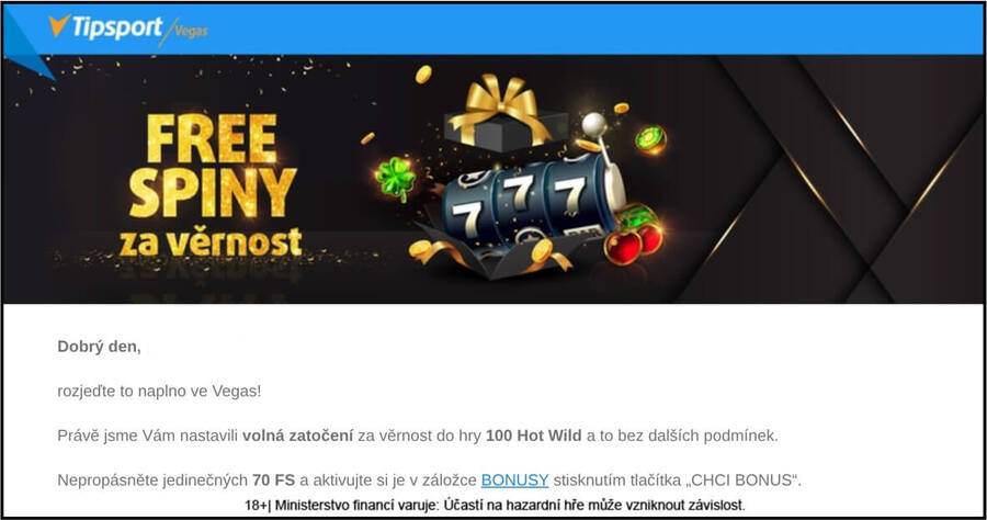 Získejte Tipsport free spiny za věrnost