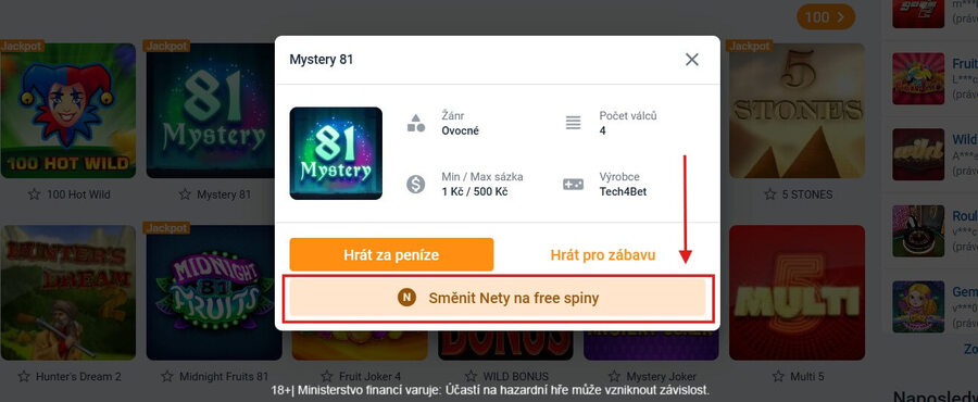 Nety na free spiny