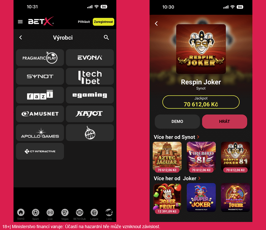 V mobilní aplikaci casina BetX můžete hrát i&nbsp;bez přihlášení či registrace