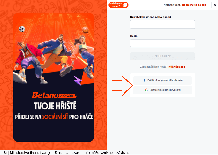 Betano přihlášení zvládnete i&nbsp;pomocí účtu na Facebooku nebo Googlu
