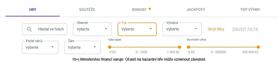 Podrobné filtrování her v&nbsp;Maxa casinu.