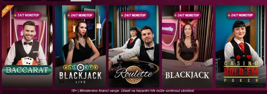 Hry v SYNOT TIP live casinu