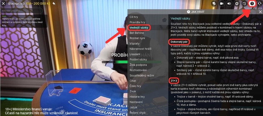 Přehled vedlejších sázek v&nbsp;live blackjacku Chance Vegas