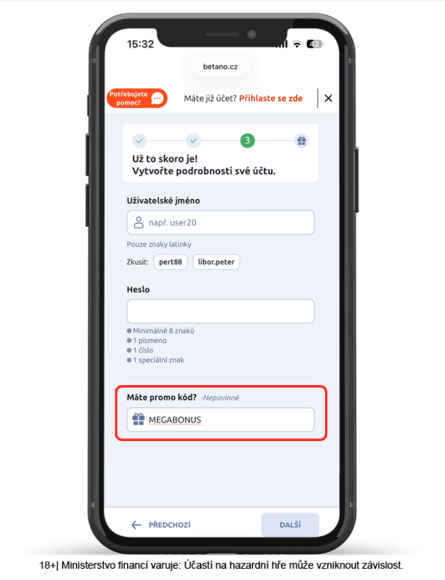Registrační formulář Betana s&nbsp;vyplněným promo kódem MEGABONUS