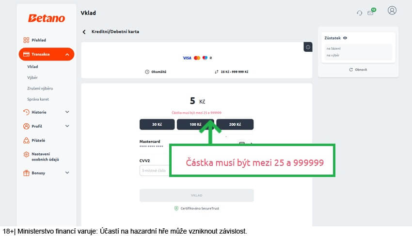 Minimální casino vklad platební kartou u Betana je 25 Kč