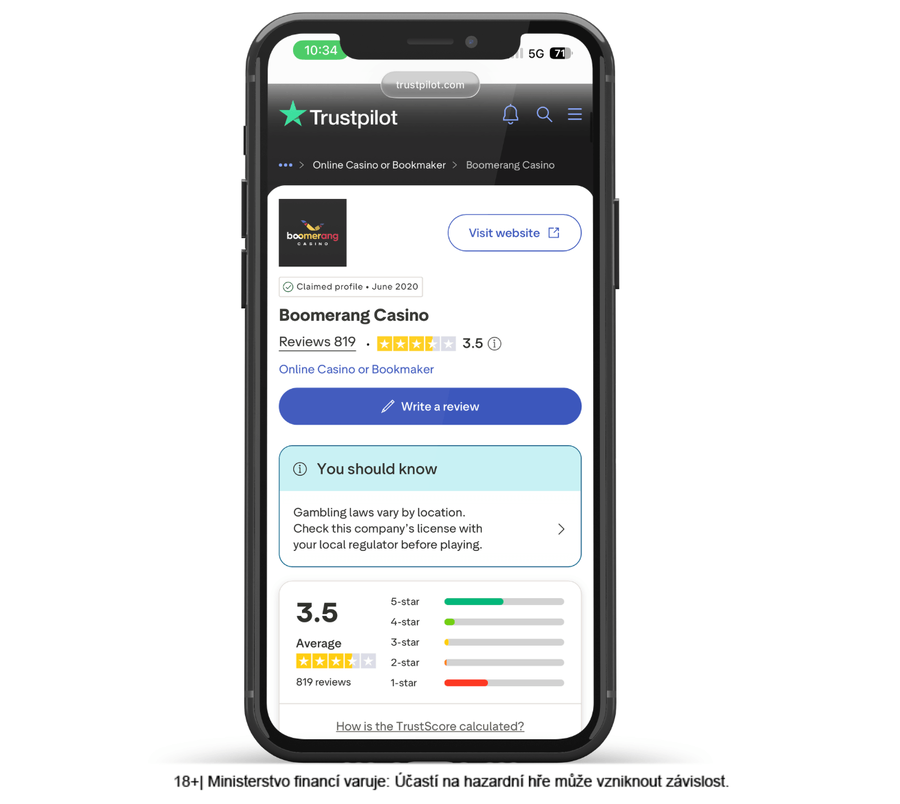 Hodnocení Boomerang casina na Trustpilotu