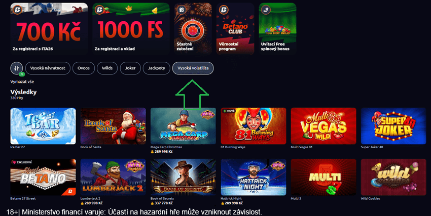 Filtrování automatů s&nbsp;vysokou volatilitou v&nbsp;online casinu Betano