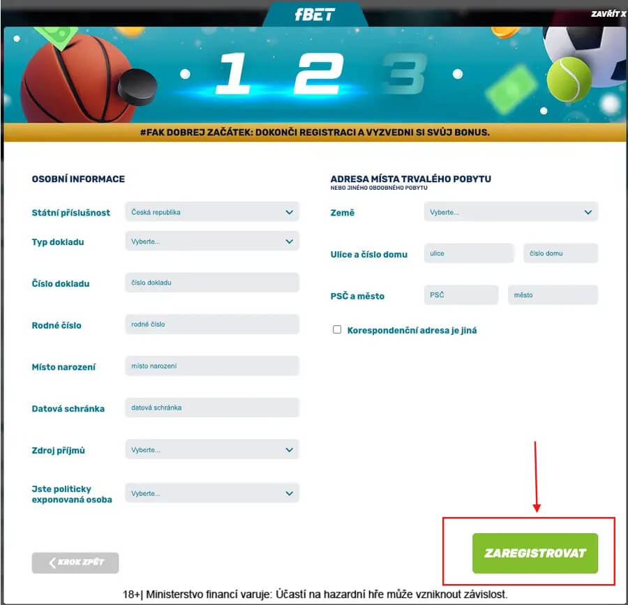 fBET registrace formulář