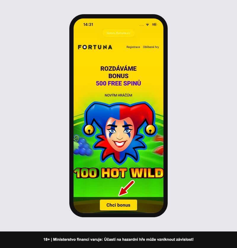 Fortuna bonus: krok 1, tlačítko Chci bonus