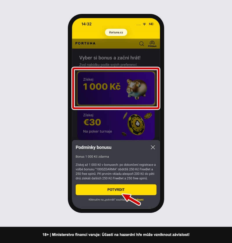 Fortuna bonus: krok 2, výběr bonusu 1&nbsp;000&nbsp;Kč
