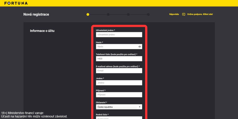 Vyplnění registračního formuláře u&nbsp;Fortuny