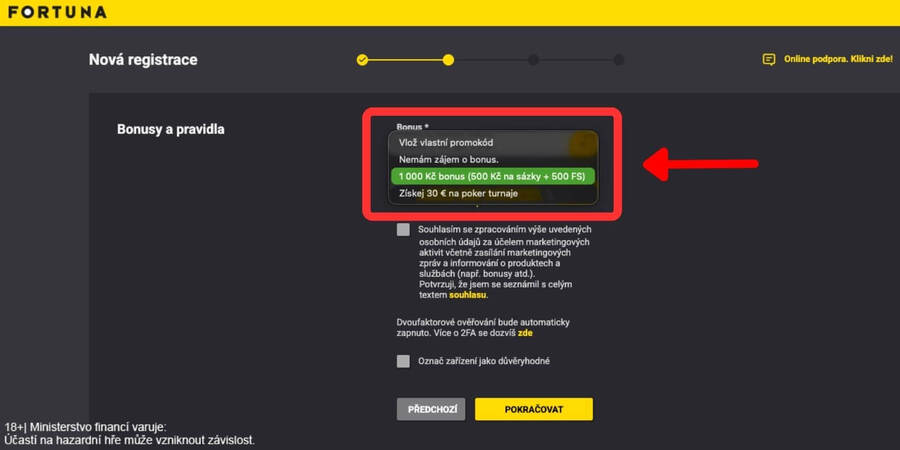 Aktivace Fortuna bonusu při registraci