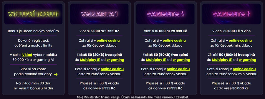 Vyberte si jednu ze tří variant vstupního bonusu