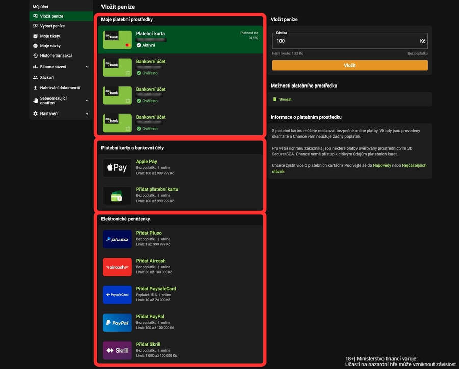 Platební metody v&nbsp;online casinu Chance