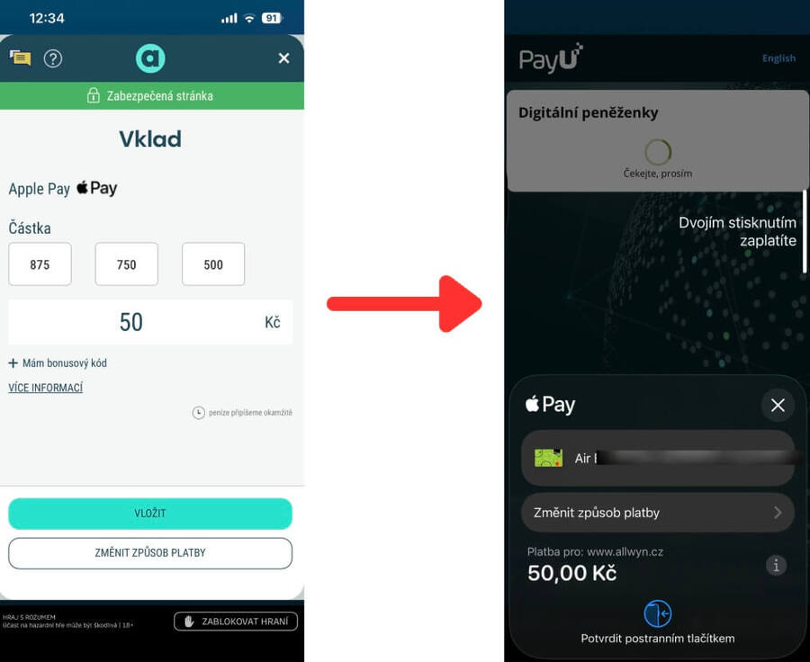 Vklad do online casina Sazka Hry přes Apple Pay